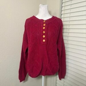90s Color Cues size m magenta pink cable knit henley sweater wooden buttons